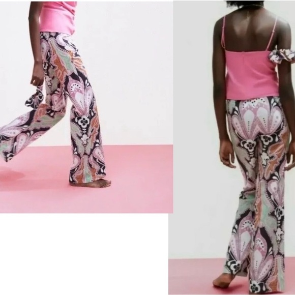 New Zara linen pants geometric pink pattern - Picture 7 of 8